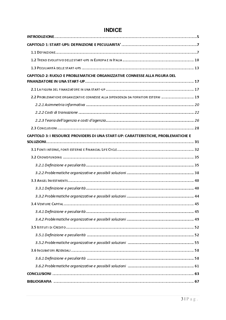 Indice della tesi: La governance nelle start-up: dinamiche di potere e controllo tra imprenditori, fornitori e finanziatori, Pagina 1