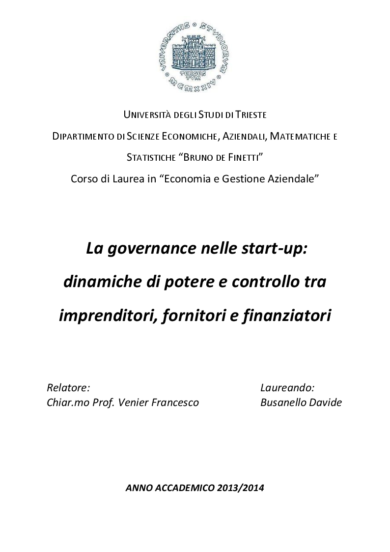 Anteprima della tesi: La governance nelle start-up: dinamiche di potere e controllo tra imprenditori, fornitori e finanziatori, Pagina 1
