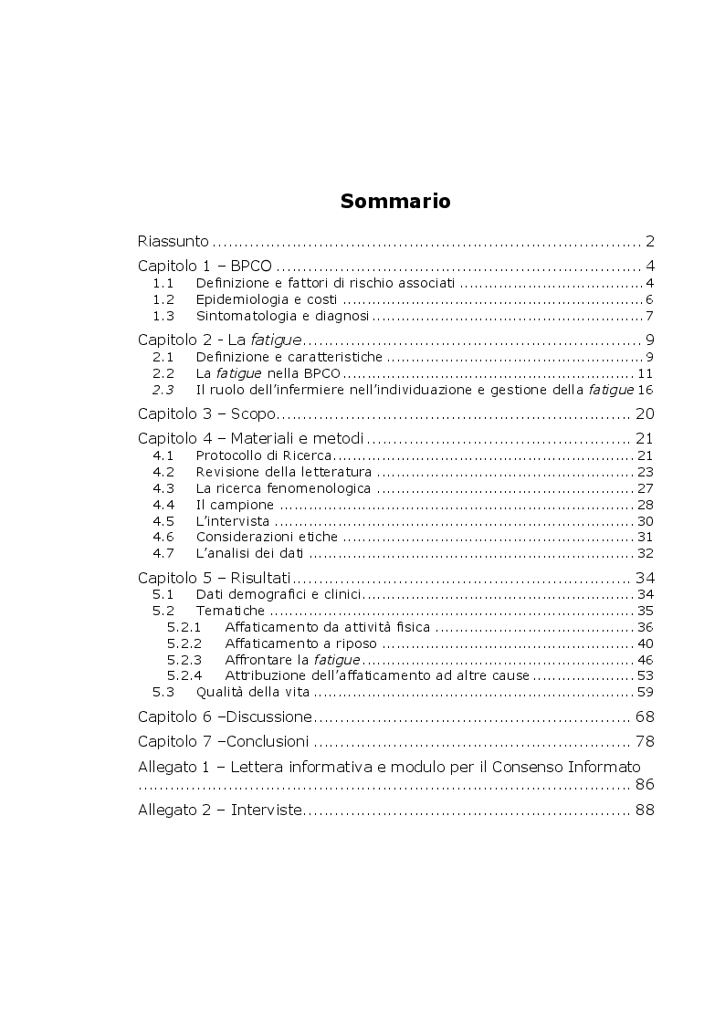 Indice della tesi: La fatica del vivere quotidiano: studio qualitativo fenomenologico sul sintomo "fatigue" nelle persone con BPCO, Pagina 1