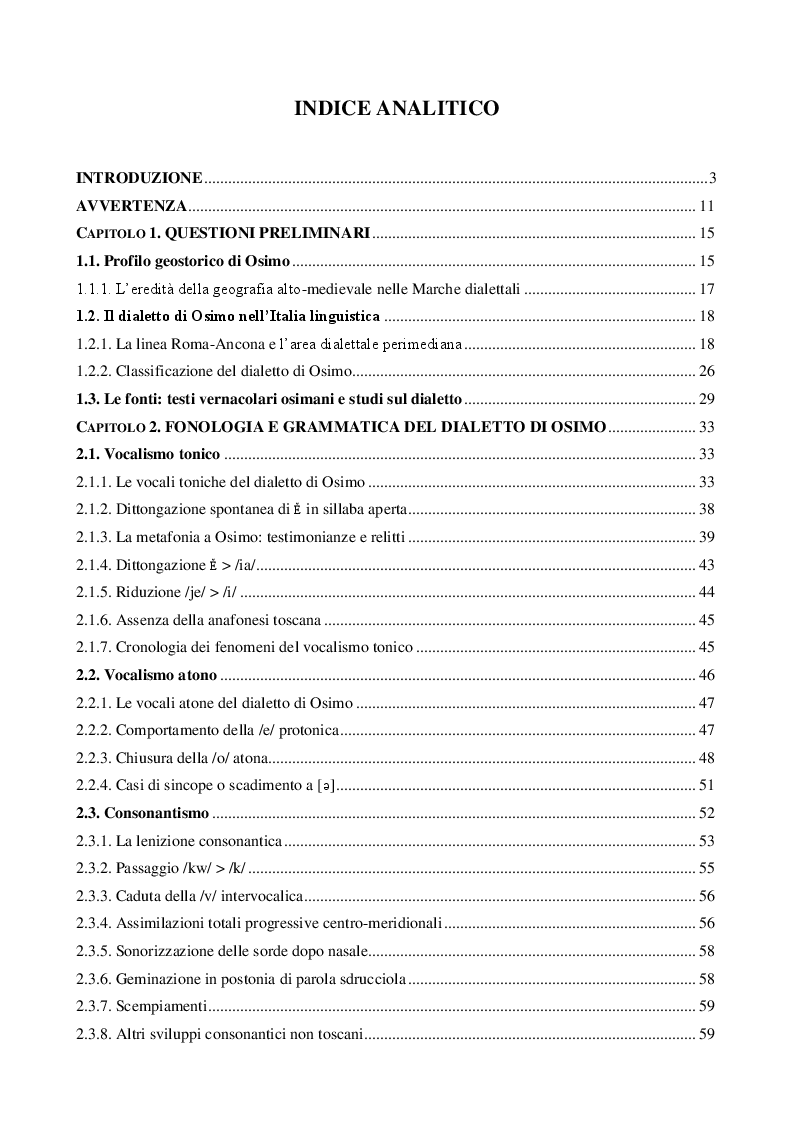 Indice della tesi: Il dialetto di Osimo. Un'indagine sul campo, Pagina 1