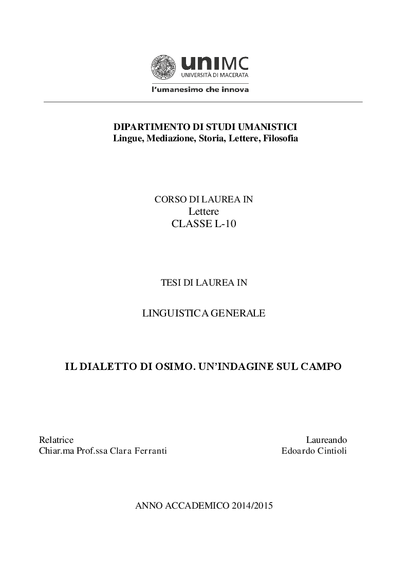 Anteprima della tesi: Il dialetto di Osimo. Un'indagine sul campo, Pagina 1