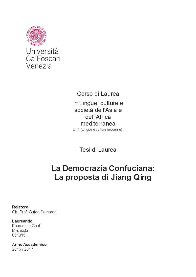 Anteprima della tesi: Democrazia Confuciana: la proposta di Jiang Qing, Pagina 1