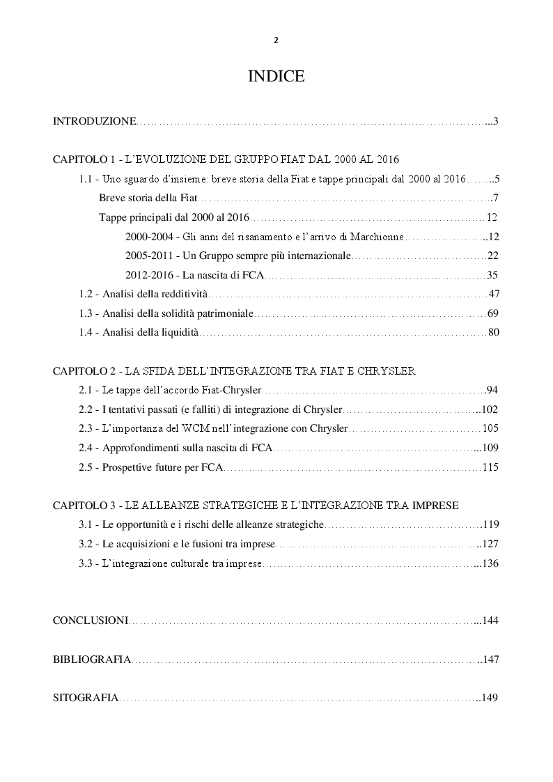Indice della tesi: L'evoluzione del Gruppo Fiat dal 2000 al 2016: dalla crisi alla fusione con Chrysler, Pagina 1