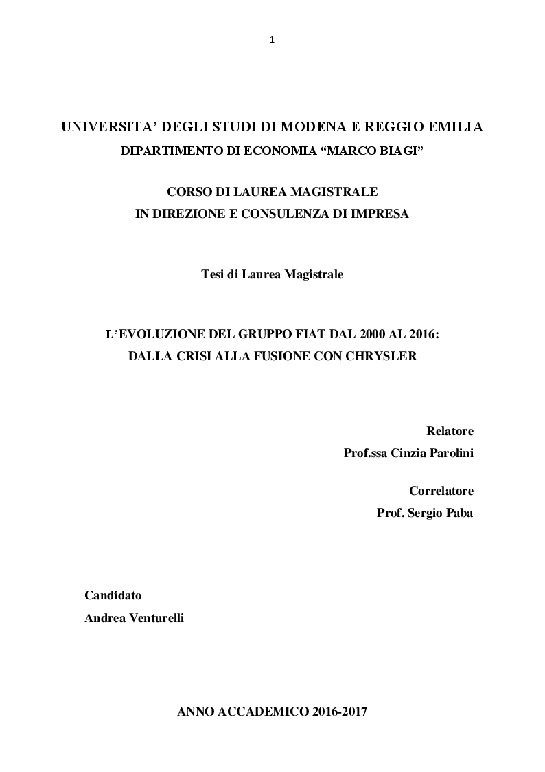 Anteprima della tesi: L'evoluzione del Gruppo Fiat dal 2000 al 2016: dalla crisi alla fusione con Chrysler, Pagina 1