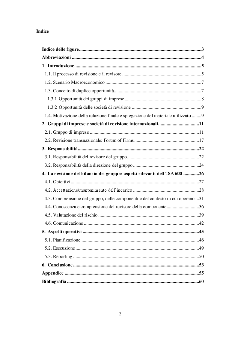 Indice della tesi: Revisione del bilancio consolidato nei gruppi di imprese: il principio di revisione ISA Italia 600, Pagina 1