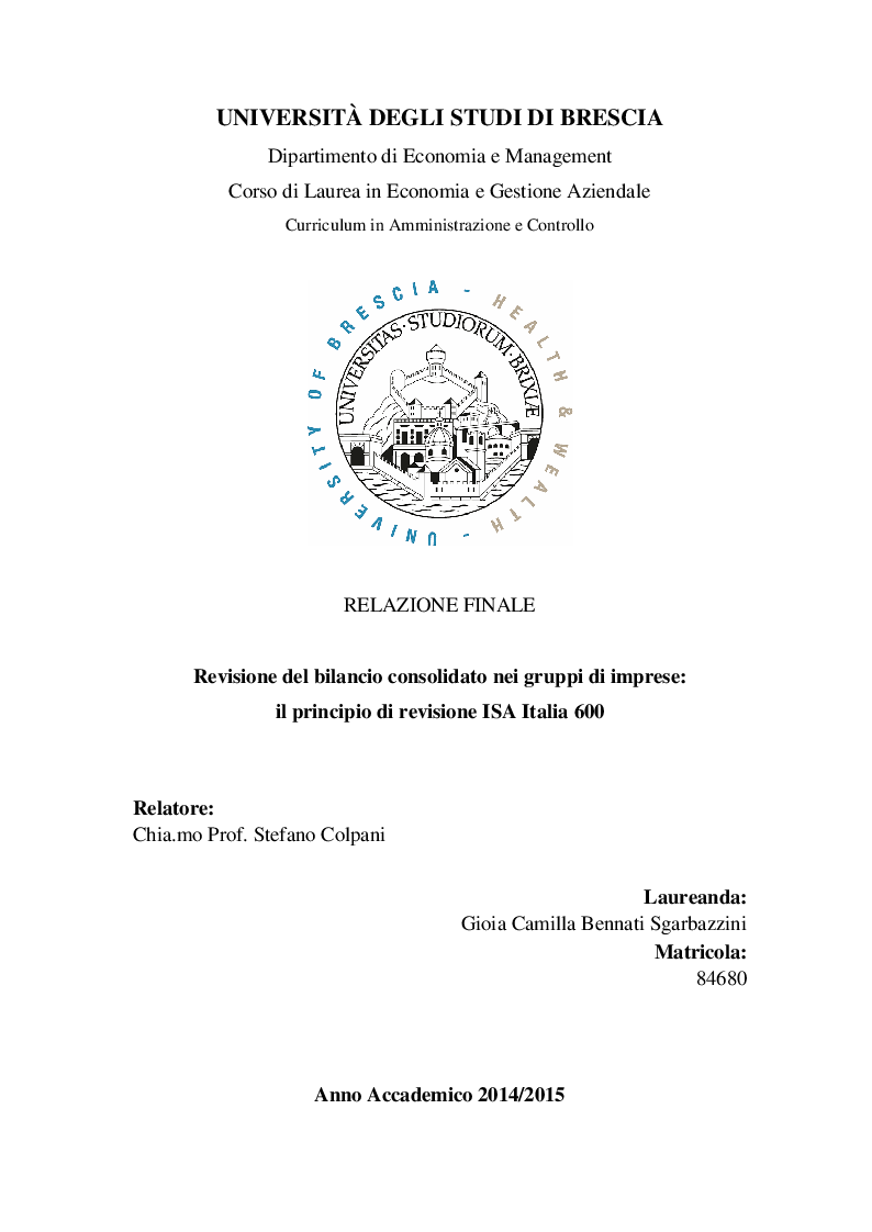 Anteprima della tesi: Revisione del bilancio consolidato nei gruppi di imprese: il principio di revisione ISA Italia 600, Pagina 1