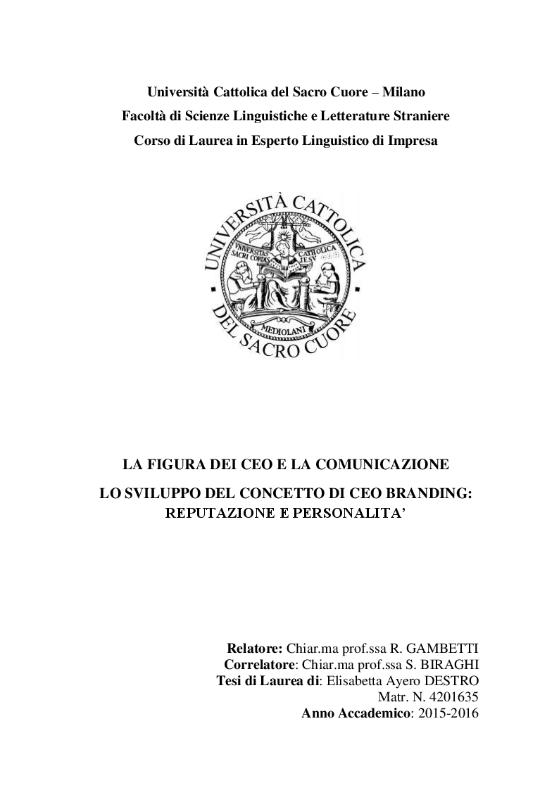 Anteprima della tesi: La figura dei CEO e la comunicazione lo sviluppo del concetto di CEO branding: reputazione e personalità, Pagina 1