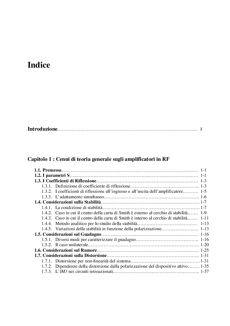 Indice della tesi: Progetto ed Analisi di un Amplificatore a Basso Rumore con Lossless Feedback, Pagina 1