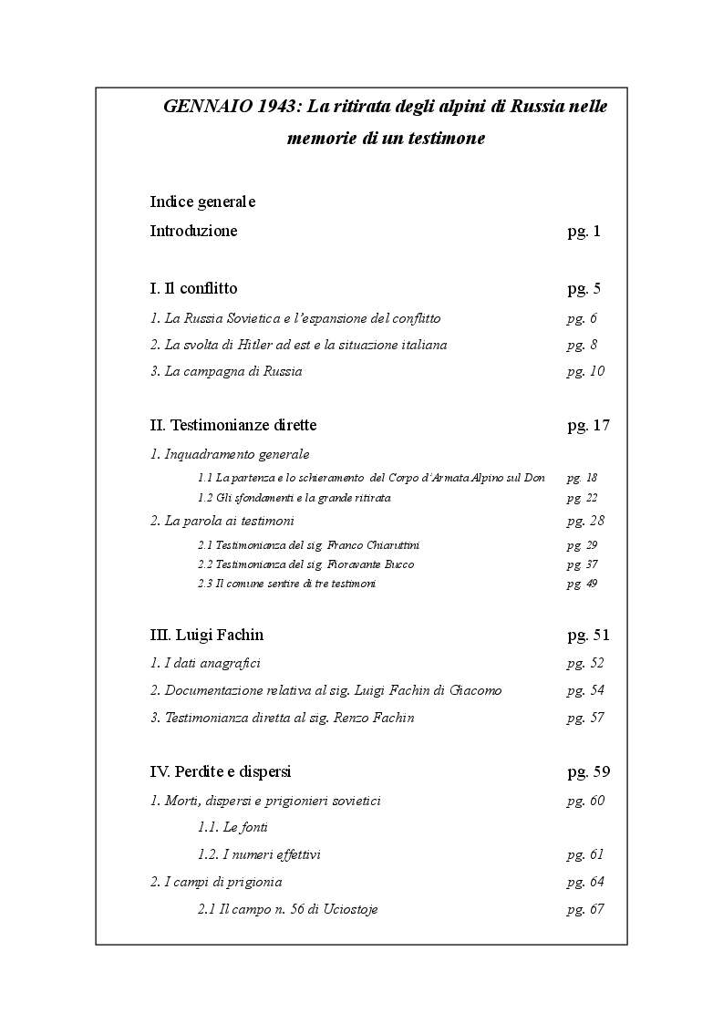 Indice della tesi: GENNAIO 1943: La ritirata degli alpini di Russia nelle memorie di un testimone, Pagina 1