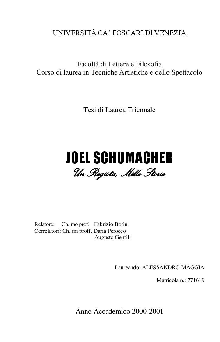Anteprima della tesi: Joel Schumacher: Un Regista, Mille Storie, Pagina 1