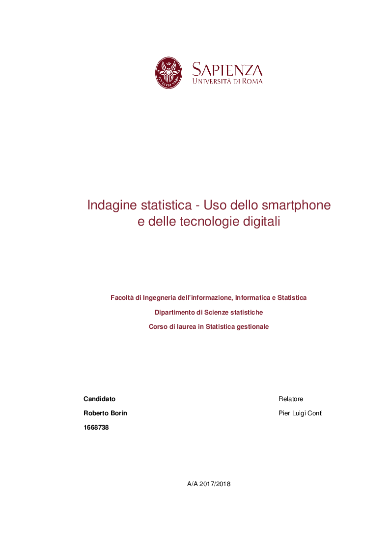 Anteprima della tesi: Indagine statistica - Uso dello smartphone e delle tecnologie digitali, Pagina 1