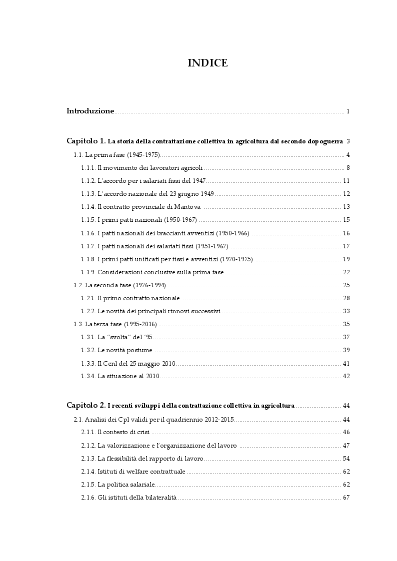 Indice della tesi: La contrattazione collettiva in agricoltura e il fenomeno del caporalato, Pagina 1
