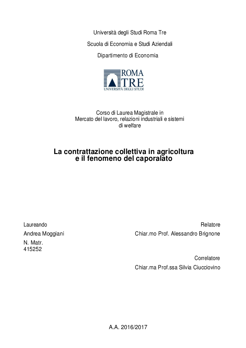 Anteprima della tesi: La contrattazione collettiva in agricoltura e il fenomeno del caporalato, Pagina 1