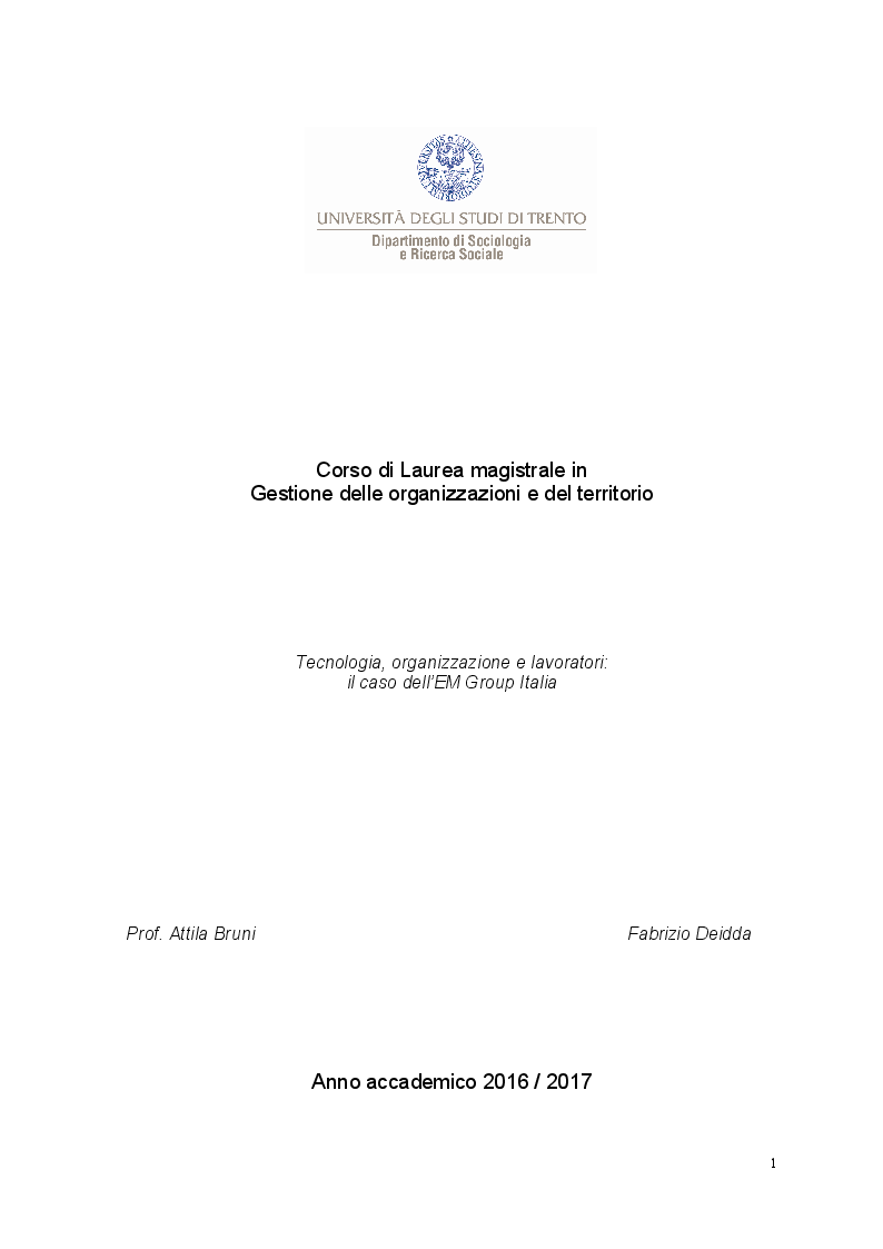 Anteprima della tesi: Tecnologia, organizzazione e lavoratori: il caso studio dell'EM Group, Pagina 1