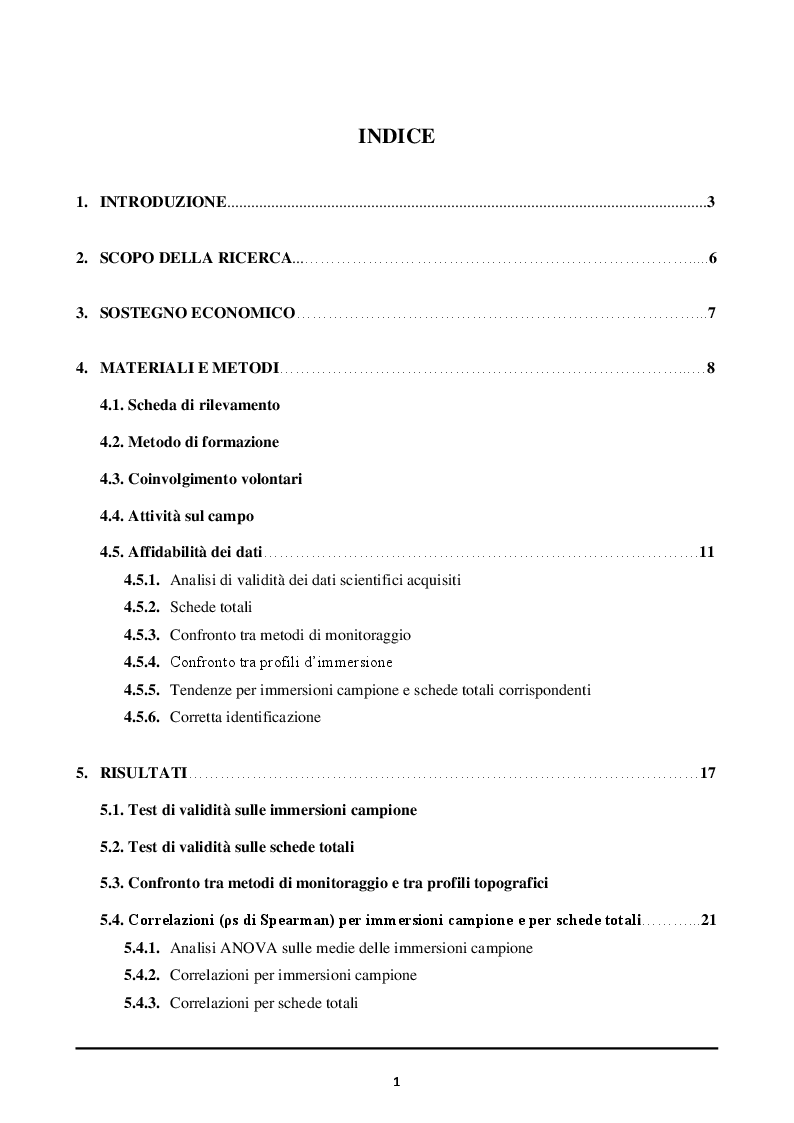 Indice della tesi: Monitoraggio della biodiversità marina delle scogliere coralline del Mar Rosso svolto in collaborazione con volontari. Valutazione della qualità dei dati, Pagina 1