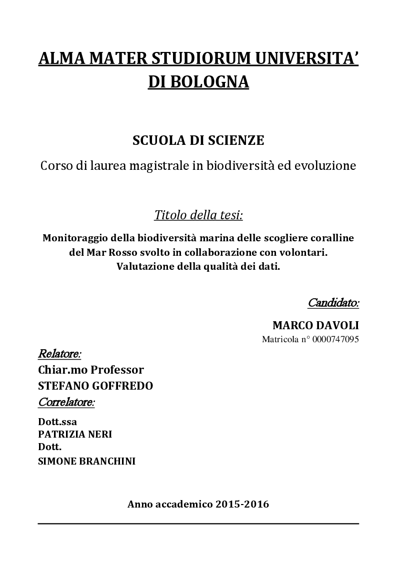 Anteprima della tesi: Monitoraggio della biodiversità marina delle scogliere coralline del Mar Rosso svolto in collaborazione con volontari. Valutazione della qualità dei dati, Pagina 1