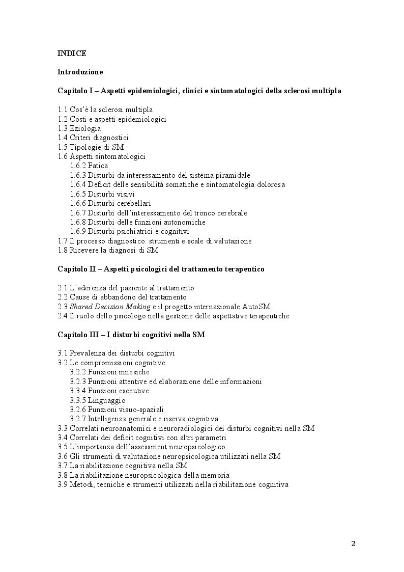 Indice della tesi: Disturbi neuropsichiatrici e cognitivi nella sclerosi multipla, Pagina 1