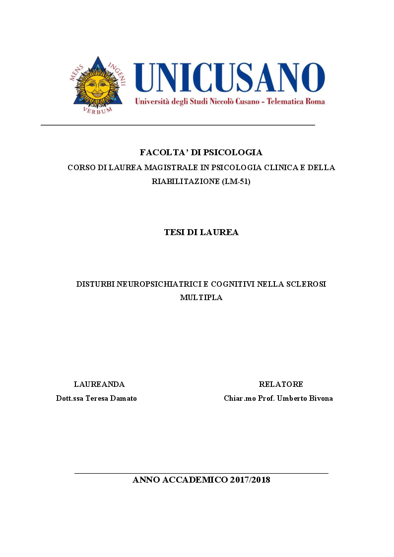 Anteprima della tesi: Disturbi neuropsichiatrici e cognitivi nella sclerosi multipla, Pagina 1