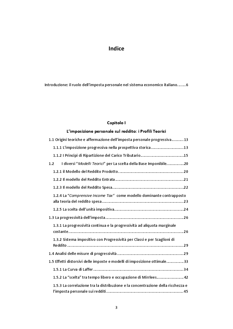 Indice della tesi: L’imposta personale sul reddito nel contesto italiano: Profili Teorici Evoluzione Storica e Proposte di Modifica, Pagina 1