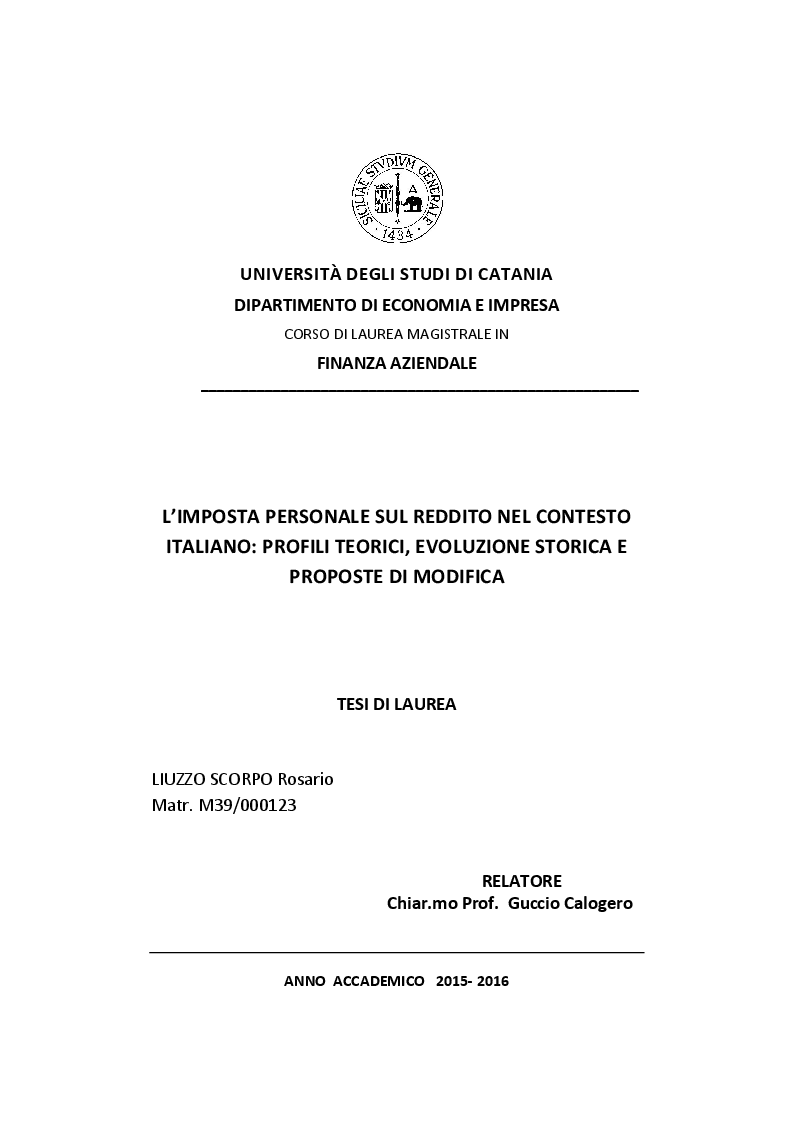 Anteprima della tesi: L’imposta personale sul reddito nel contesto italiano: Profili Teorici Evoluzione Storica e Proposte di Modifica, Pagina 1