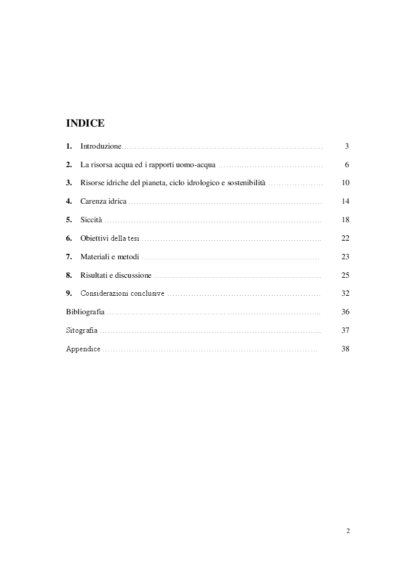 Indice della tesi: Carenza Idrica e Siccità: La Percezione Degli Agricoltori, Pagina 1