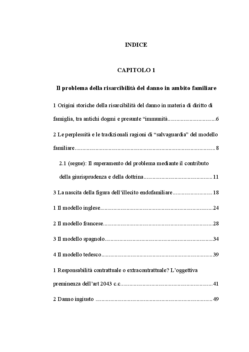 Indice della tesi: L'illecito endofamiliare, tra acquisizioni giurisprudenziali e criticità del sistema giuridico, Pagina 1