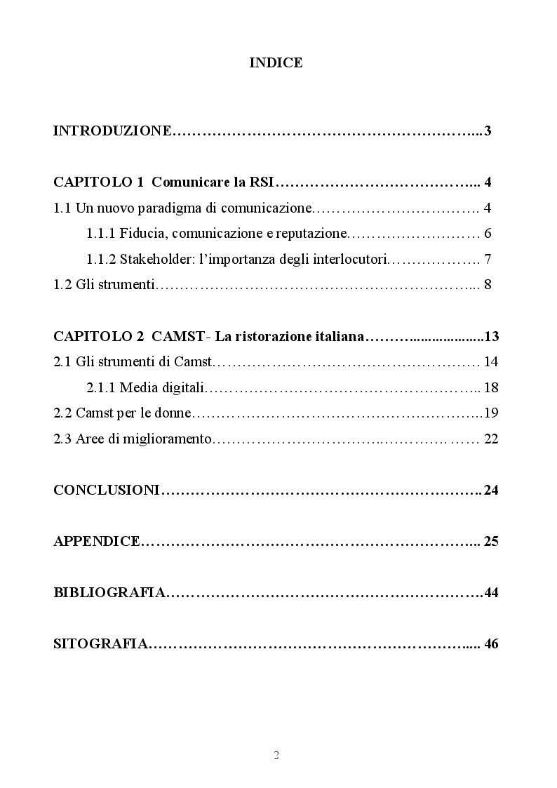 Indice della tesi: La Responsabilità Sociale d'Impresa: "far bene e farlo sapere", Pagina 1