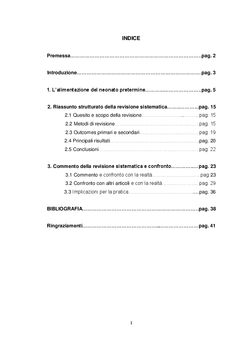 Indice della tesi: Evitare l'uso del biberon durante l'avviamento dell'allattamento nei neonati pretermine può migliorare i tassi di allattamento esclusivo?, Pagina 1