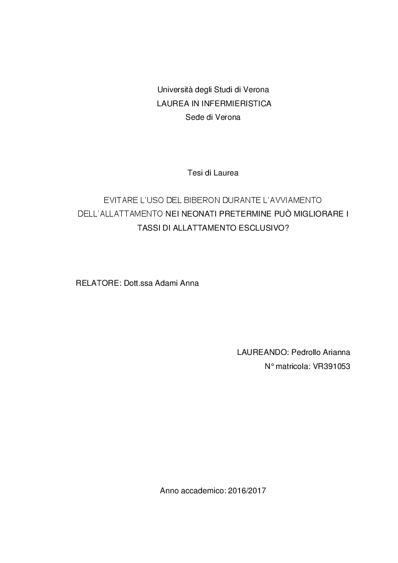 Anteprima della tesi: Evitare l'uso del biberon durante l'avviamento dell'allattamento nei neonati pretermine può migliorare i tassi di allattamento esclusivo?, Pagina 1
