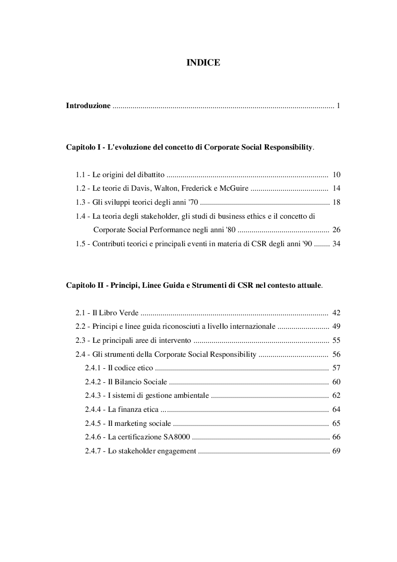 Indice della tesi: Corporate Social Responsibility e teoria economica, Pagina 1