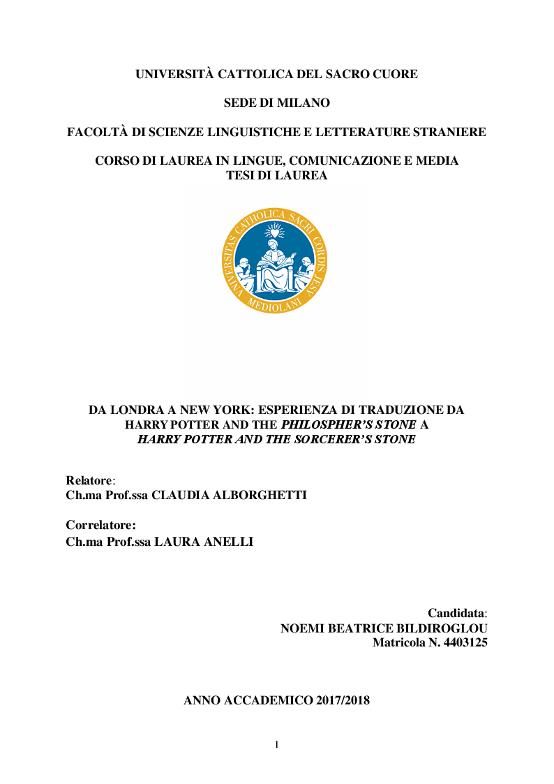 Anteprima della tesi: Da Londra a New York: Esperienza di Traduzione da Harry Potter and the Philosopher's Stone a Harry Potter and the Sorcerer's Stone, Pagina 1