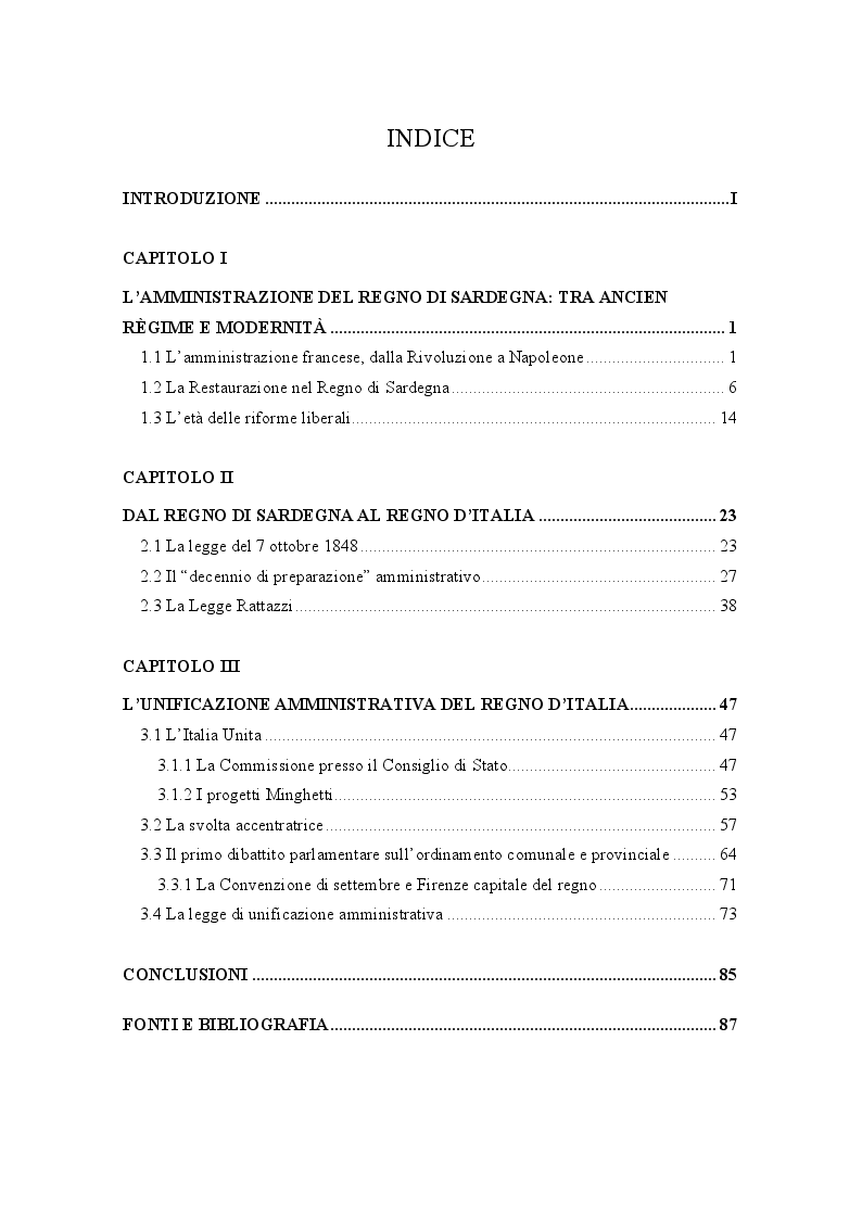 Indice della tesi: L'unificazione amministrativa del Regno d'Italia: tra autonomie locali e centralismo, Pagina 1