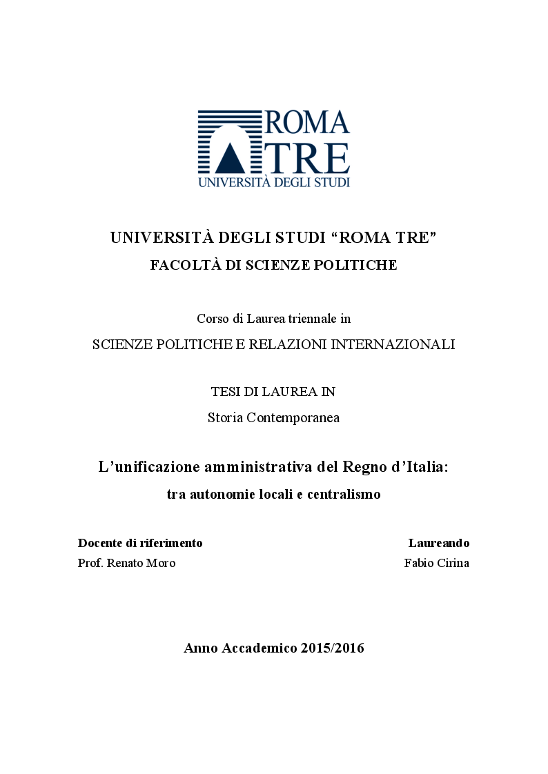 Anteprima della tesi: L'unificazione amministrativa del Regno d'Italia: tra autonomie locali e centralismo, Pagina 1