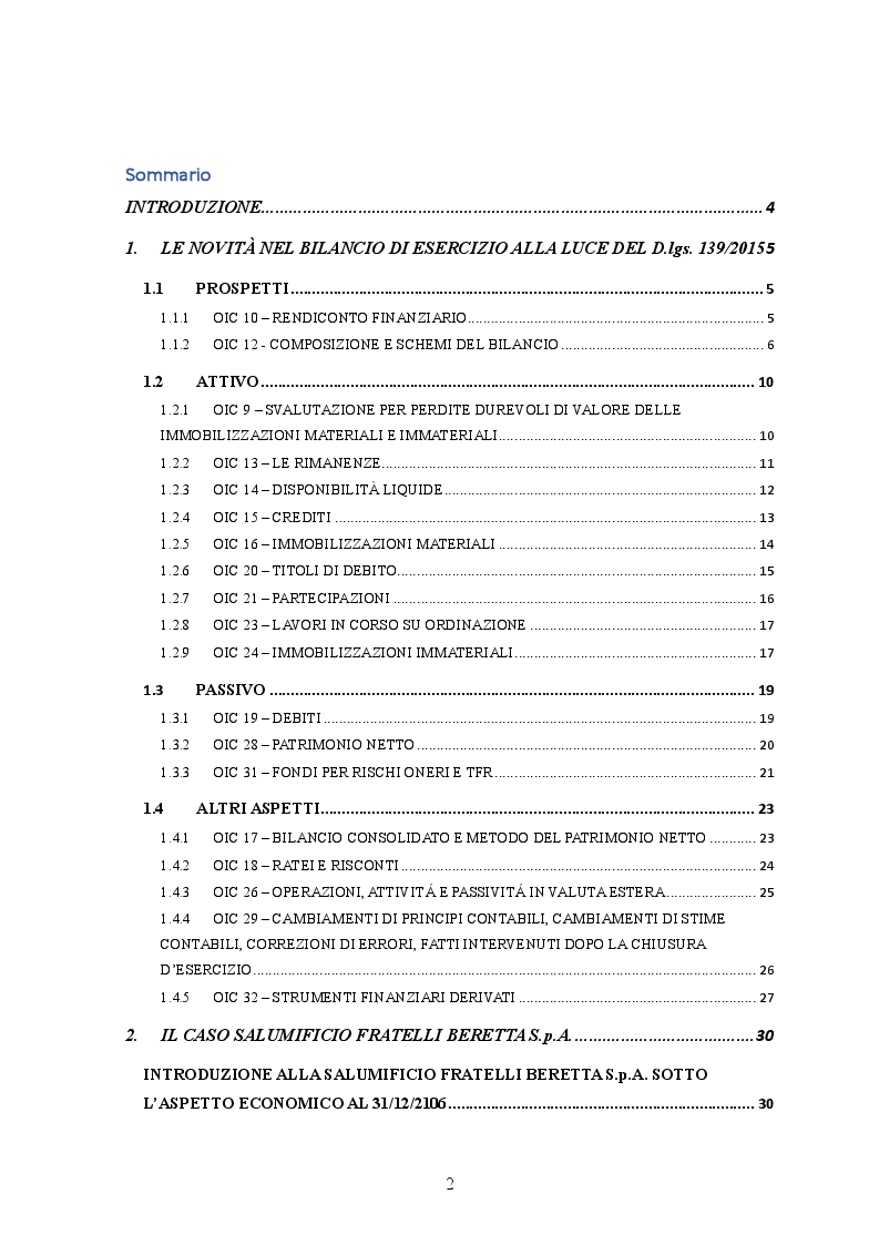 Indice della tesi: D.lgs. 139/2015 Il nuovo bilancio d'esercizio: Il caso Salumificio Fratelli Beretta S.p.a., Pagina 1