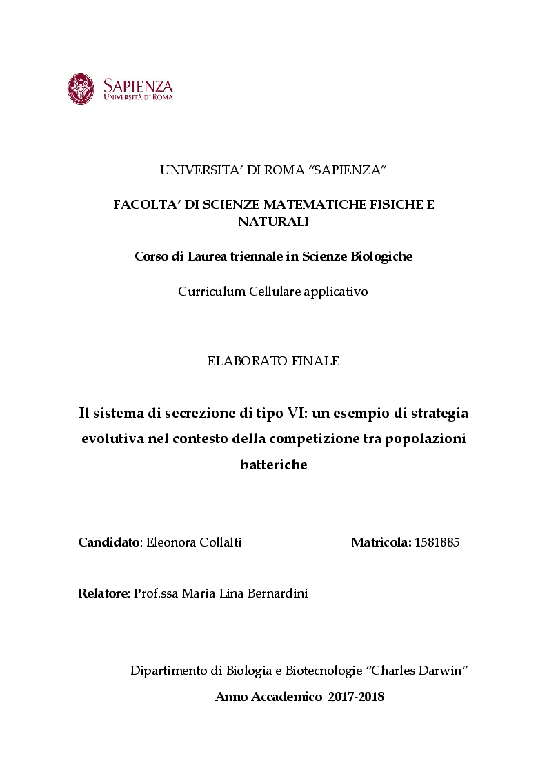 Anteprima della tesi: Il sistema di secrezione di tipo VI: un esempio di strategia evolutiva nel contesto della competizione tra popolazioni batteriche, Pagina 1