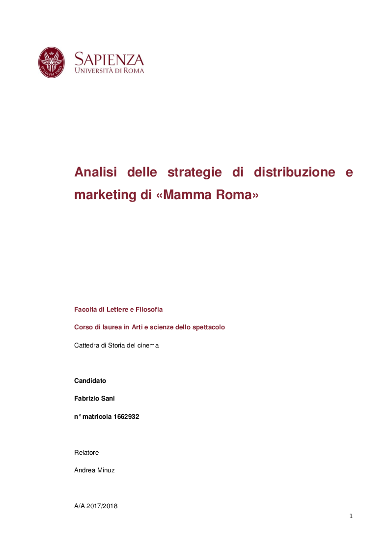 Anteprima della tesi: Strategie di distribuzione e marketing di Mamma Roma, Pagina 1