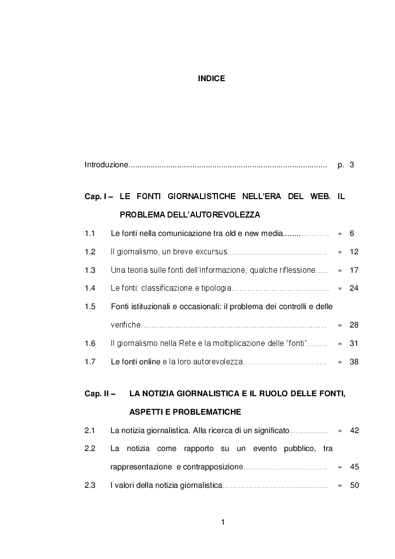 Indice della tesi: Il ruolo delle fonti ''autorevoli'' nella selezione della notizia, Pagina 1
