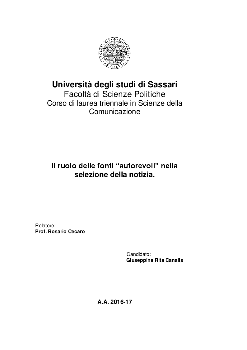 Anteprima della tesi: Il ruolo delle fonti ''autorevoli'' nella selezione della notizia, Pagina 1