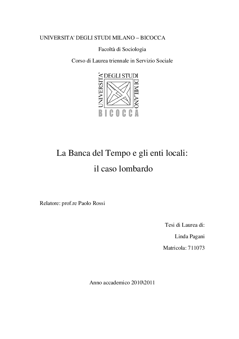 Anteprima della tesi: La Banca del Tempo e gli enti locali: il caso lombardo, Pagina 1