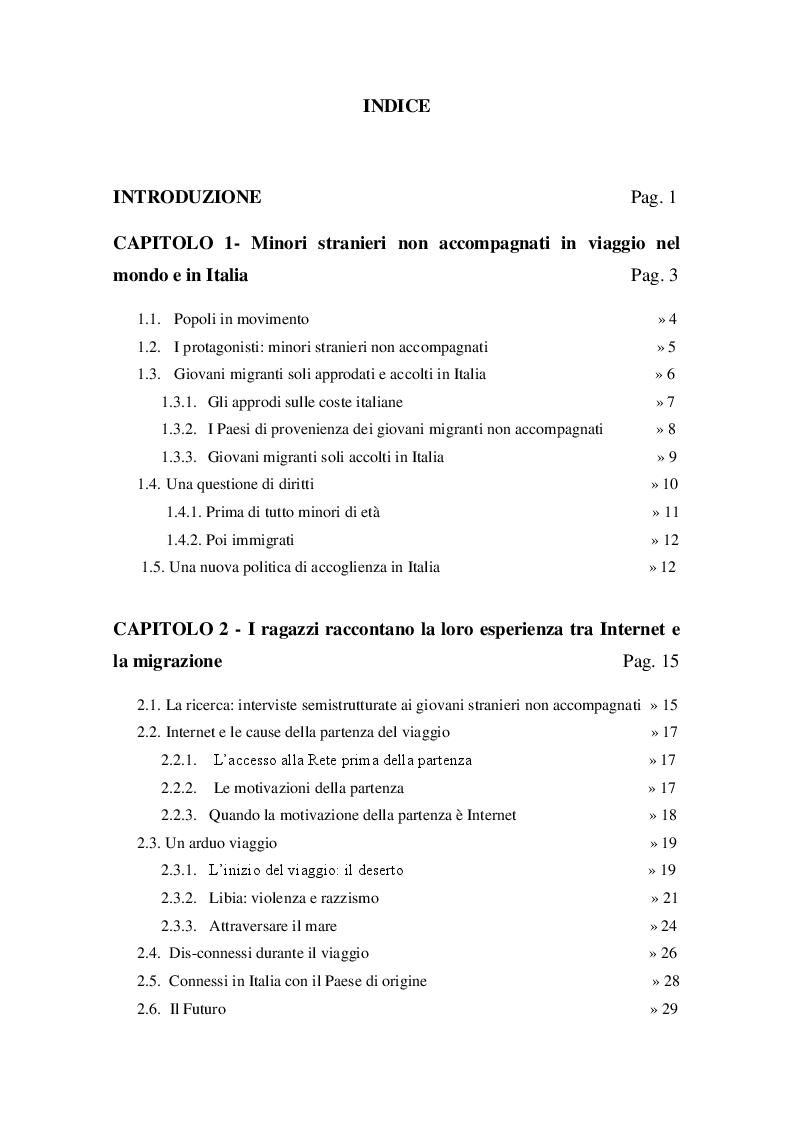 Indice della tesi: In viaggio tra realtà e rete internet. Verso un'educazione responsabile dell'utilizzo di Internet ai “minori stranieri non accompagnati”, Pagina 1