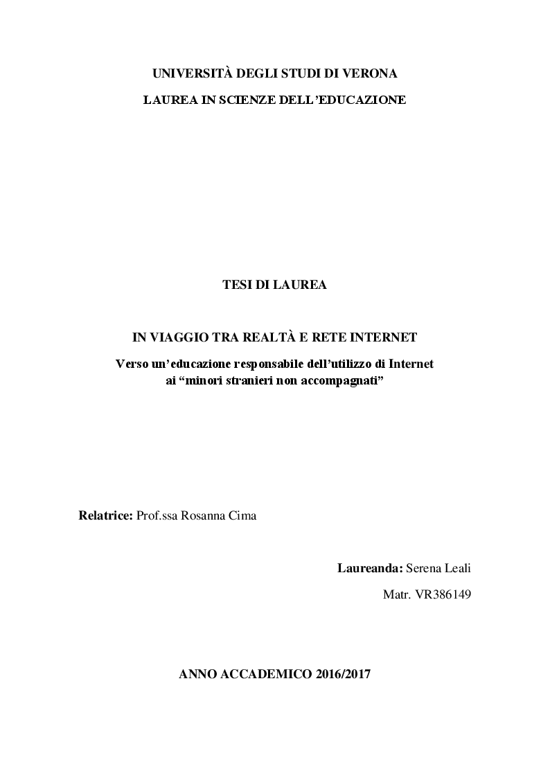 Anteprima della tesi: In viaggio tra realtà e rete internet. Verso un'educazione responsabile dell'utilizzo di Internet ai “minori stranieri non accompagnati”, Pagina 1