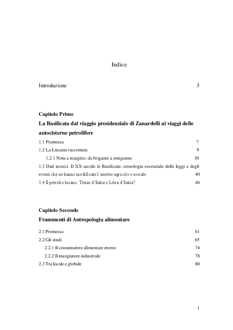 Indice della tesi: Cibo, identità e territorio: narrazioni contemporanee sul patrimonio alimentare lucano, Pagina 1