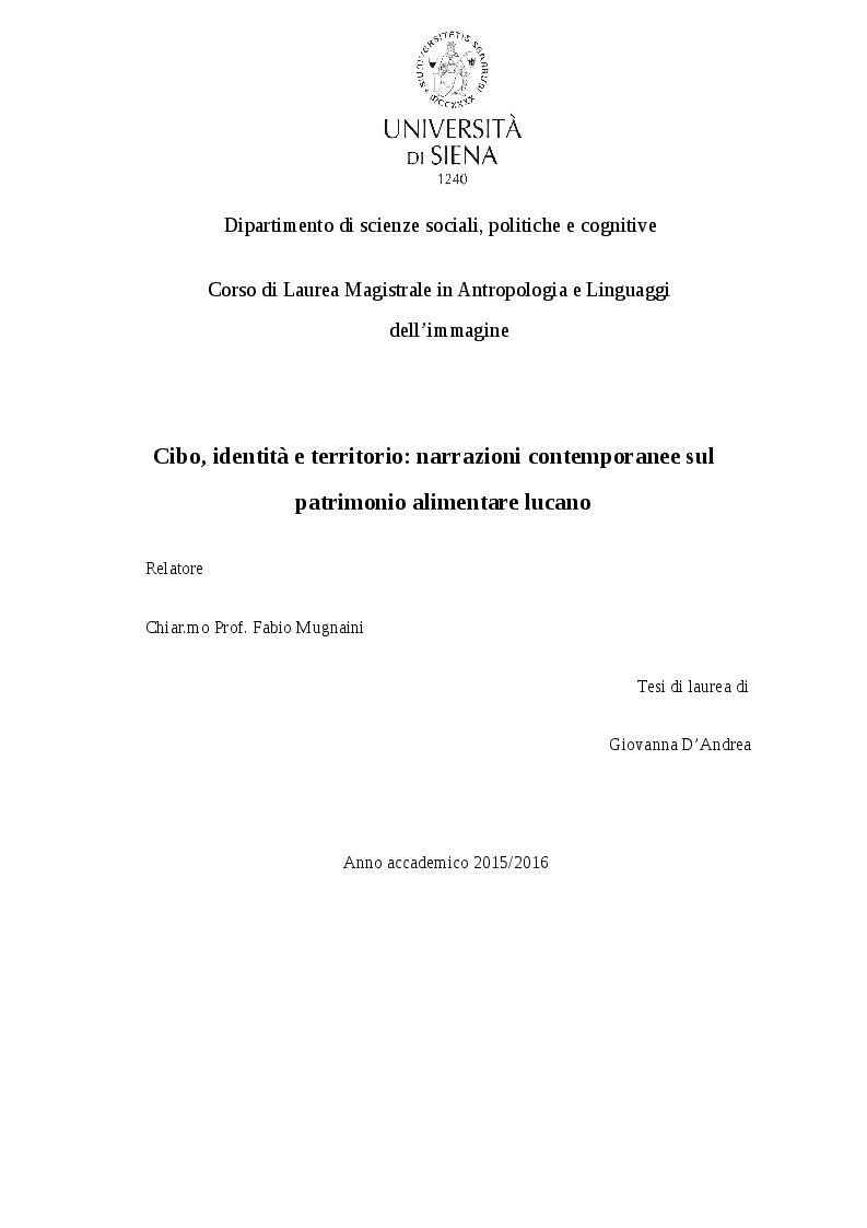Anteprima della tesi: Cibo, identità e territorio: narrazioni contemporanee sul patrimonio alimentare lucano, Pagina 1