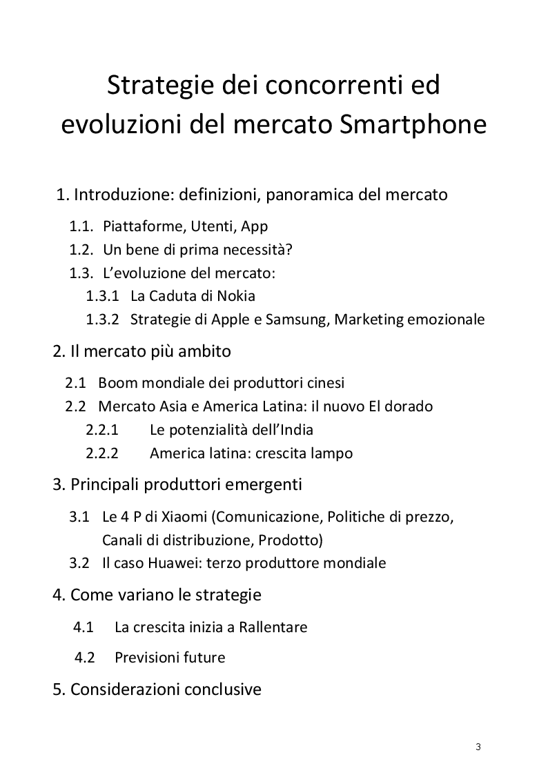 Indice della tesi: Strategie dei concorrenti ed evoluzioni del mercato Smartphone, Pagina 1