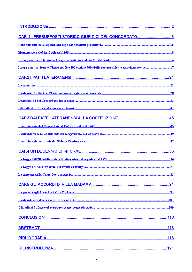 Indice della tesi: Profilo storico del matrimonio concordatario: dai Patti Lateranensi agli Accordi di Villa Madama, Pagina 1