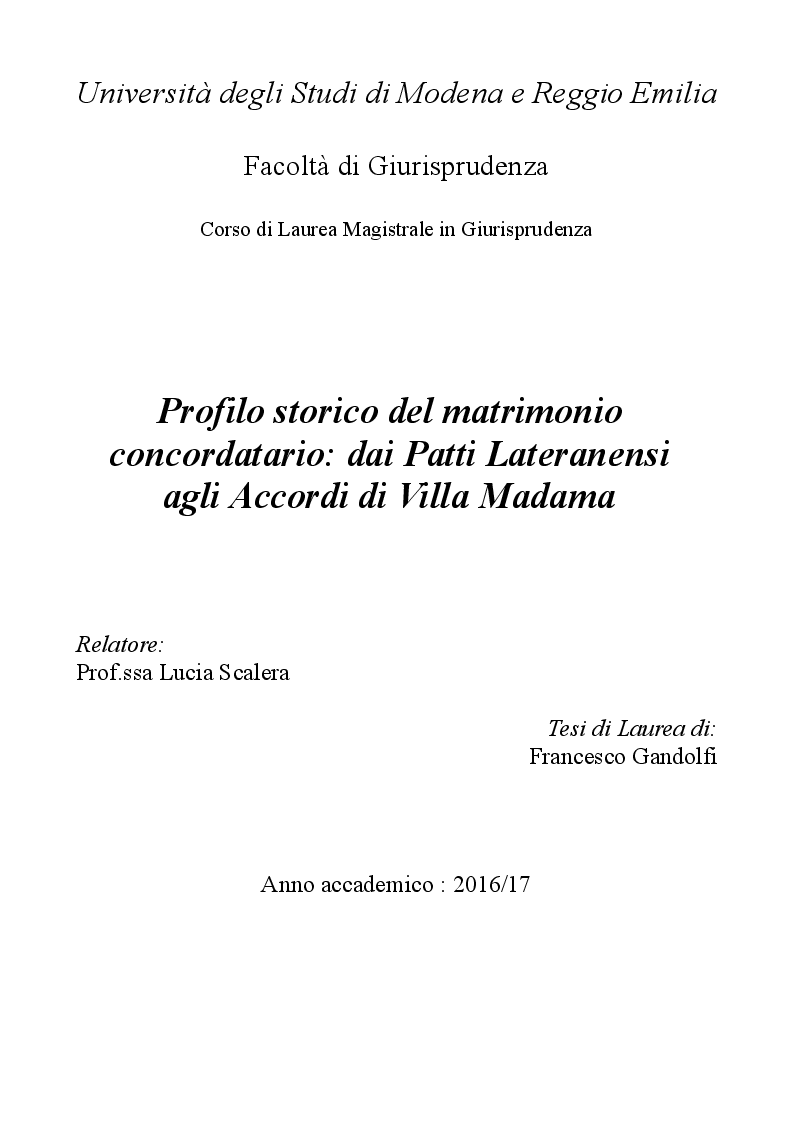Anteprima della tesi: Profilo storico del matrimonio concordatario: dai Patti Lateranensi agli Accordi di Villa Madama, Pagina 1