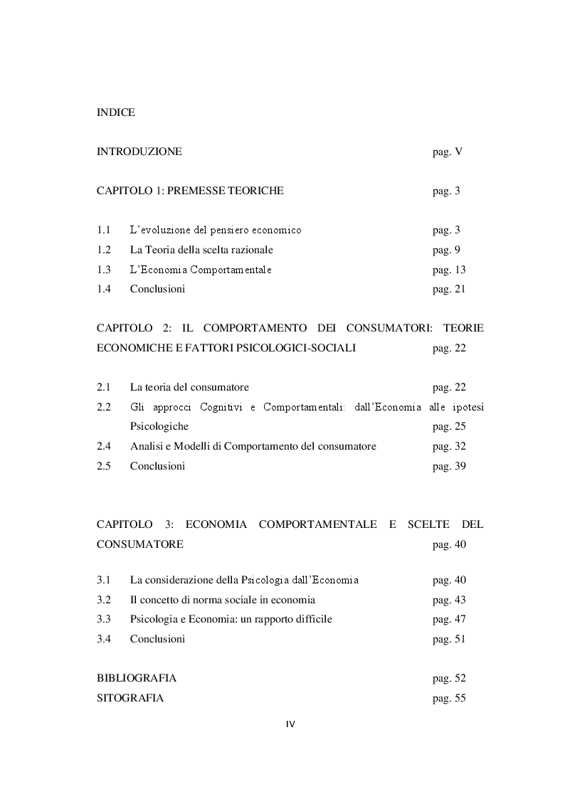 Indice della tesi: Economia, Etica e Psicologia: Comportamento Economico E Motivazionale Delle Scelte Del Consumatore, Pagina 1