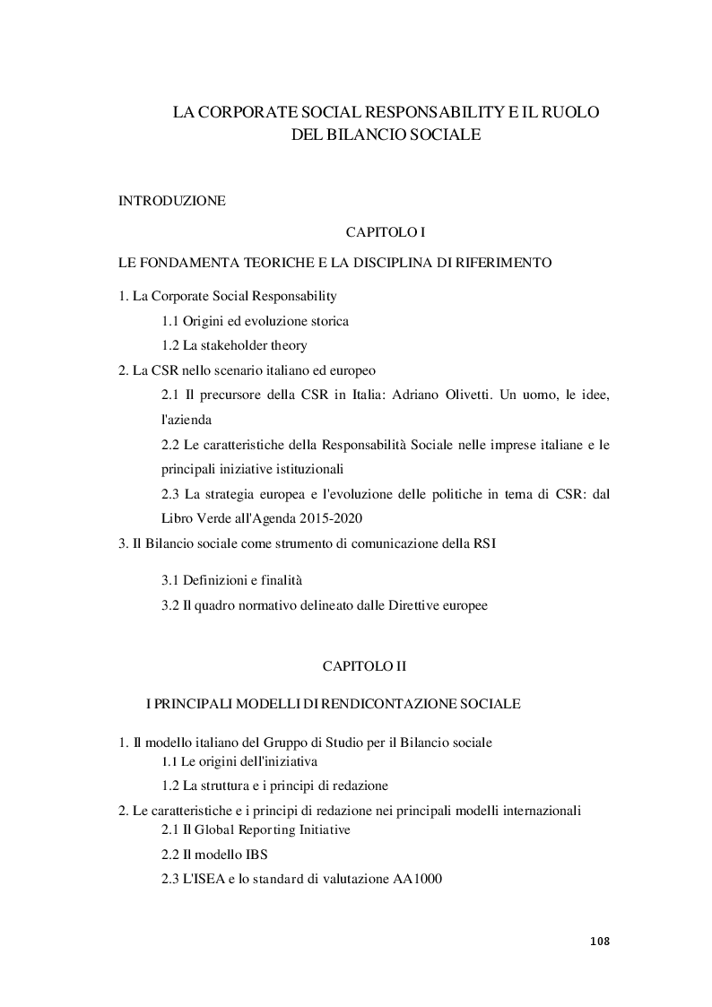 Indice della tesi: La Corporate social responsability e il ruolo del bilancio sociale, Pagina 1