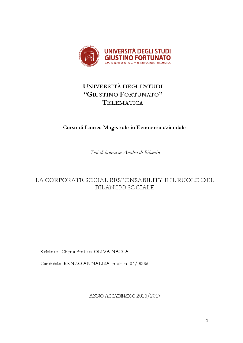 Anteprima della tesi: La Corporate social responsability e il ruolo del bilancio sociale, Pagina 1