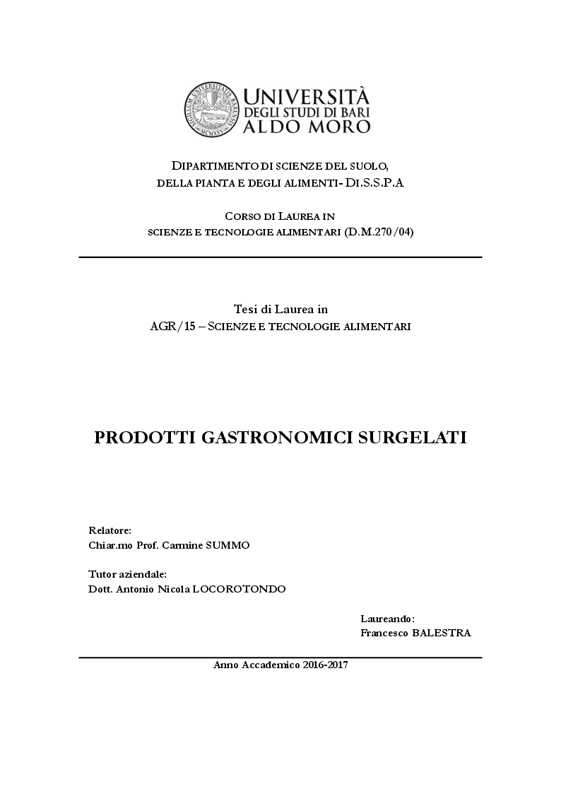 Anteprima della tesi: Prodotti Gastronomici Surgelati, Pagina 1